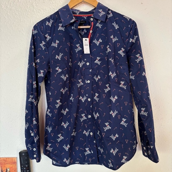 Talbots Navy Blue Button-Down Shirt with Dog and Candy Cane Print. - Picture 1 of 6